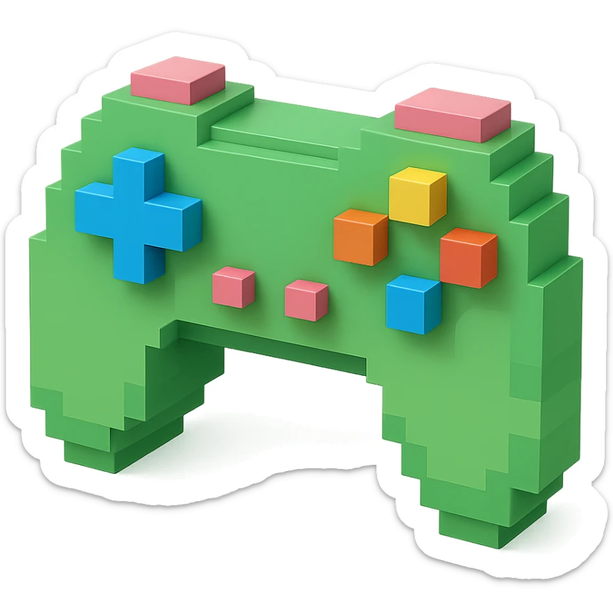 game controller, voxel style, 3D cubic form, green color sticker
