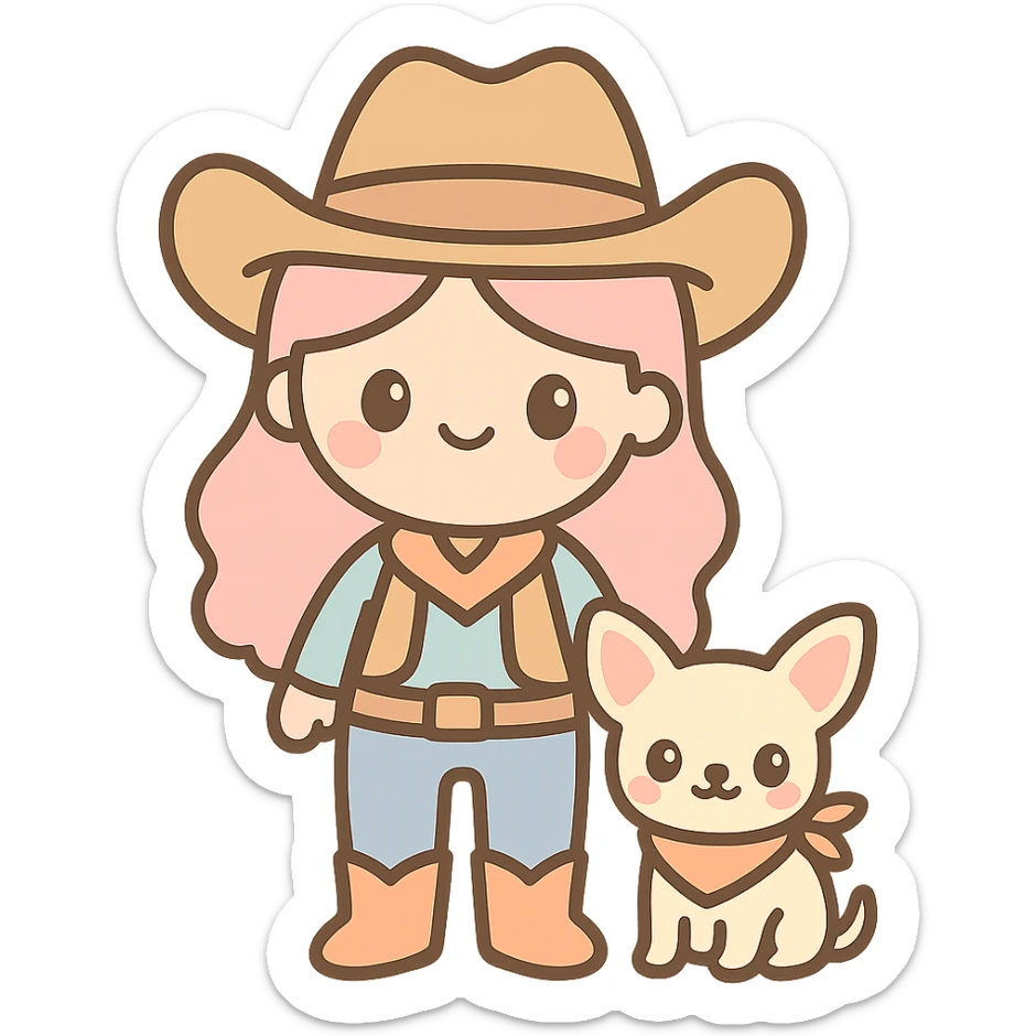 femme cowboy avec son chihuahua, style kawaii, chihuahua avec bandana sticker