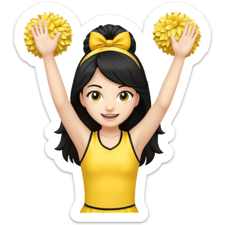 A long black hair teen girl waving pom-poms, eyes sparkling with excitement, yellow cheer leader top sticker