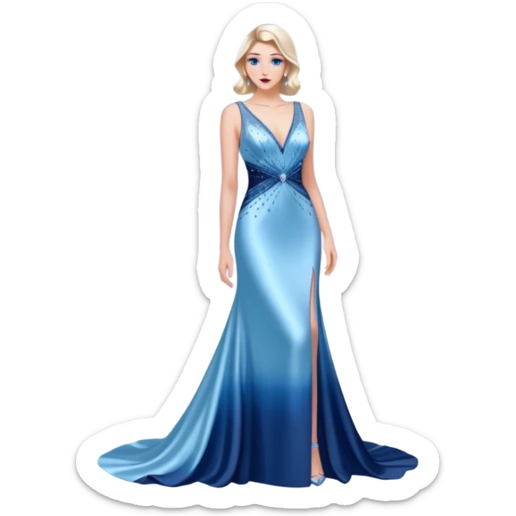 caucasian woman, in long slim pastel blue formal party satin dress with gradient shiny sparkling navy blue diamonds embroidered, full body full figure sticker