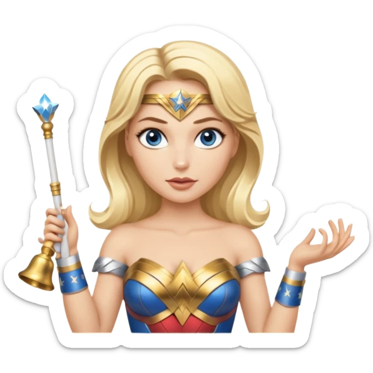 Blonde blue eyed Wonder Woman holding white orchestra conductor’s baton and bell sticker