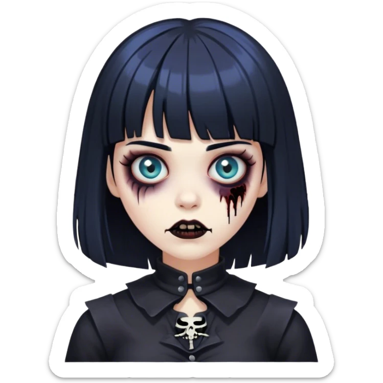 mulher com franja, cabelo médio preto azulado, roupa preta zumbi  sticker