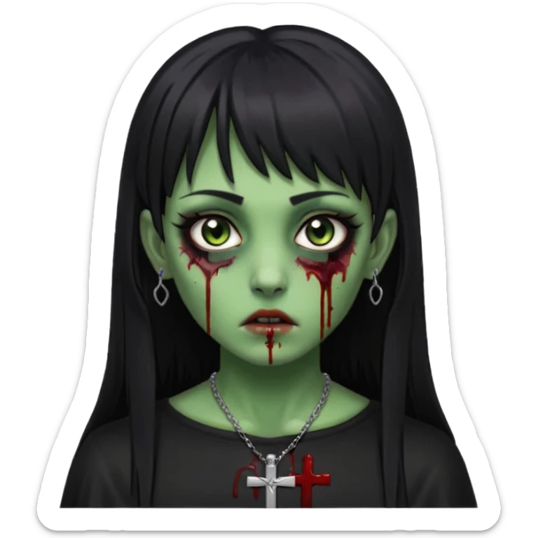 Zumbi verde com olhos castanhos aspecto de que tá sangrando, uma franja reta com cabelo preto um piercing do lado esquerdo do nariz, roupa preta e crucifixo como colar, e também delineador sticker