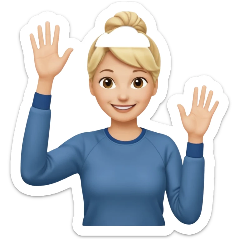 50 year old blonde woman with bun in casual clothes and sweat shirt waving sticker