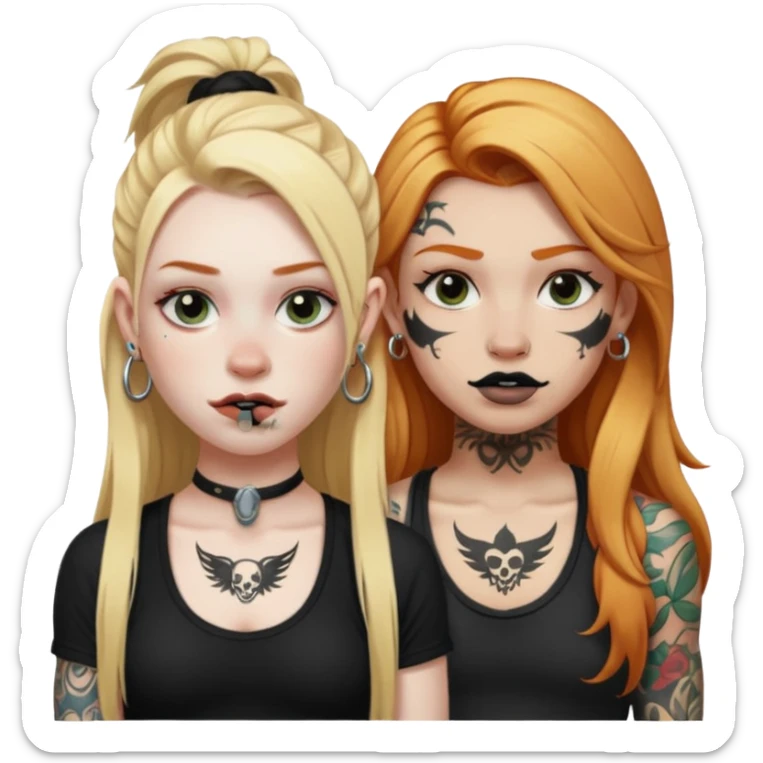 girl with long blonde hair, black tattoos and a septum piercing next to an athletic ginger girl with tattoos and a septum piercing sticker