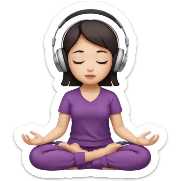An East Asian woman🧘🏻‍♀️ is sitting cross-legged in a meditation pose, wearing Apple headphones🎧 and listening to music. The song is so beautiful that she has her eyes closed and tears streaming down her face. sticker