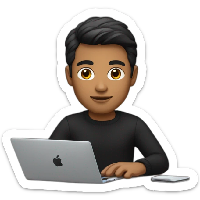     memoji of a man with a laptop in front, apple-style,modern,dark hair,black sweater,computer in hand, srilankan brown skin, sitting on his desk sticker