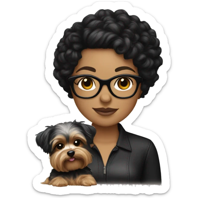 A White girl with curly medium length black hair and glasses holding a Yorkie  sticker