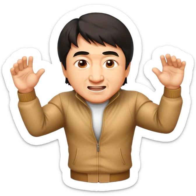 Cinematic Realistic Jackie Chan Pop Culture Emoji, depicted with playful agility and charismatic charm rendered with lifelike textures and vibrant, action‚Äêpacked lighting. sticker