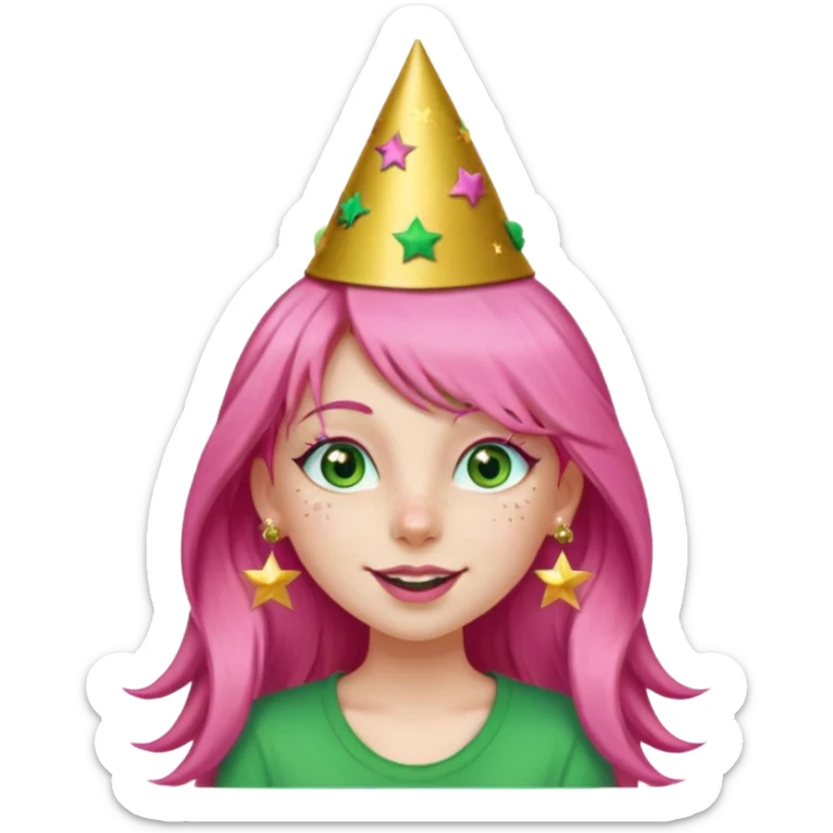 A girl with long pink hair and green eyes with long eyelashes and a happy face. She has freckles and a lit of bit of pink lipstick on her mouth, she’s also got a full gold birthday party hat on her head with gold pom poms on top of it, and her T-shirt is all red, she wore gold star earrings  sticker