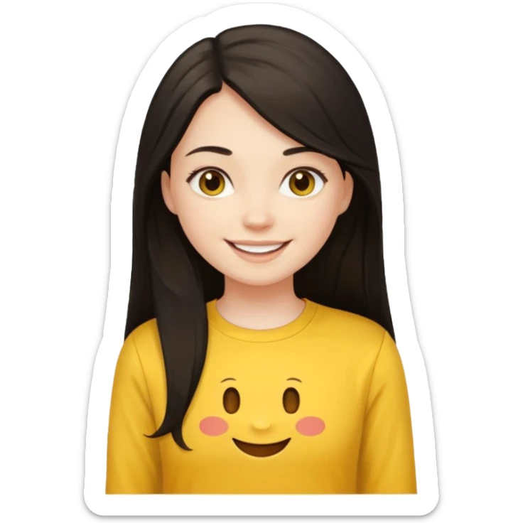 girl on a laptop, long dark hair white skin and yellow shirt long sleeves, smiling sticker