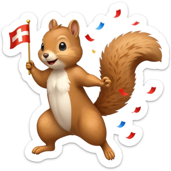 squirrel jumping with a Swiss flag, lots of confetti, emoji style sticker