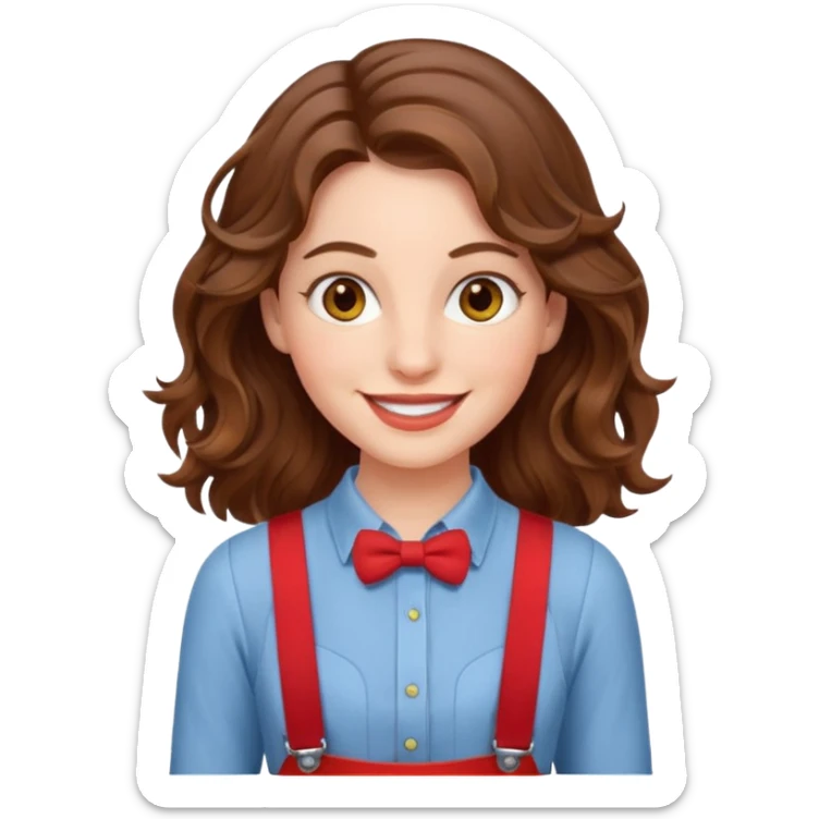 Woman with wavy brown hair and hazel eyes wearing red trouser suspenders  sticker
