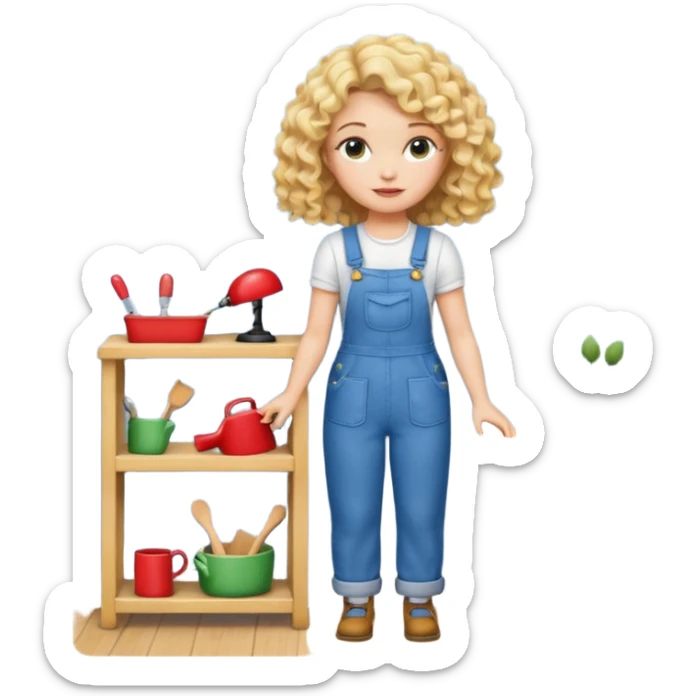 blonde curly woman arranging furniture in doll house with overalls sticker