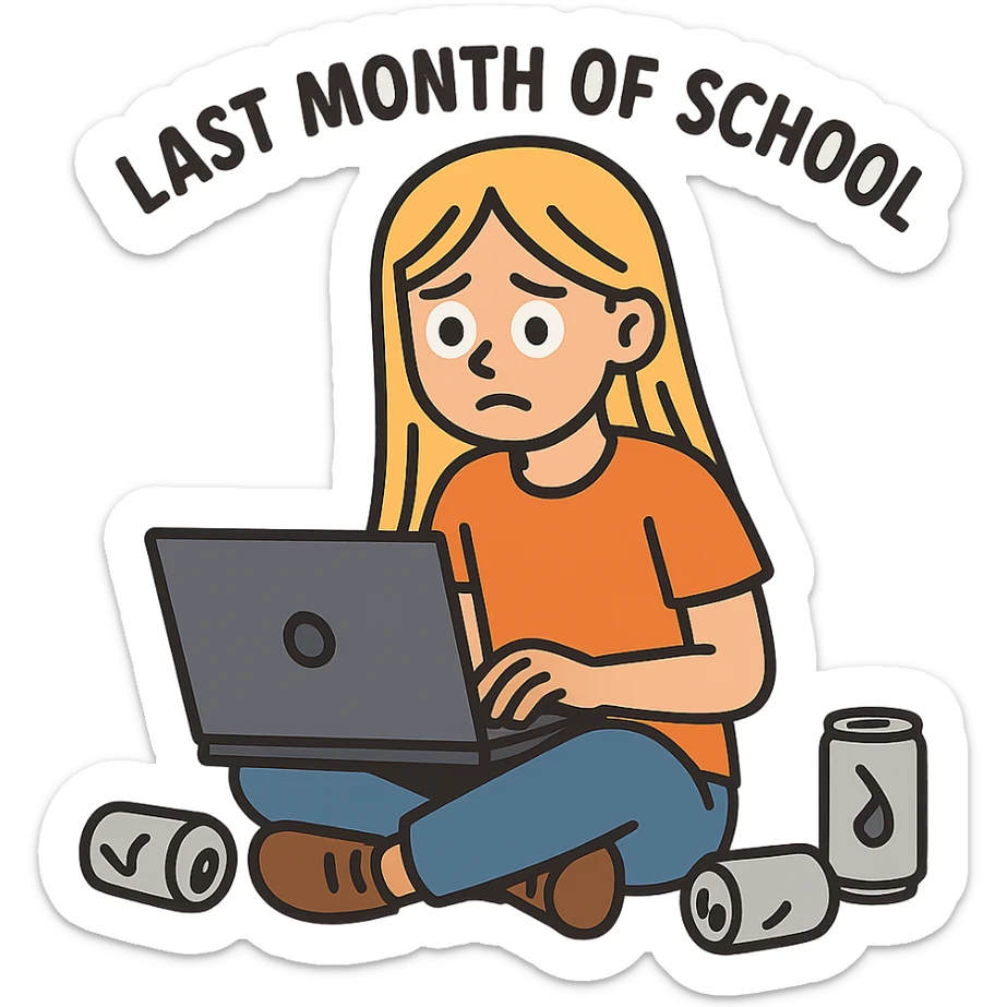 flat-toon style blonde straight-haired girl in survival mode, sitting on floor with laptop and empty energy drink cans, last month of school sticker