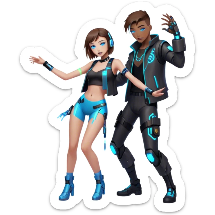 Neon cyberpunk style 
girl with brown hair and blue eyes dance with man sticker