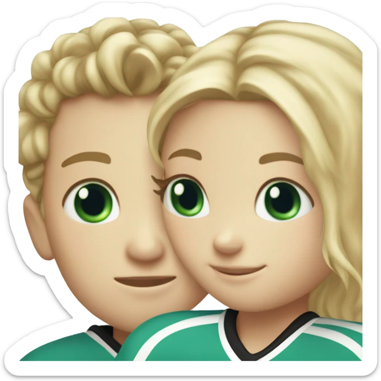 A hockey boy and a figure skating girl hugging the girl has blond hair and blue eyes the boy has black hair with green eyes  sticker
