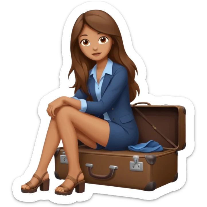 The sticker is a realistic beautiful woman with long brown hair, sitting on a suitcase, a cartoon-style vector illustration created using Procreate --chaos 25 sticker