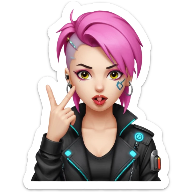 Woman with her tongue out in cyberpunk clothing and giving the middle finger. Looking naughty. sticker