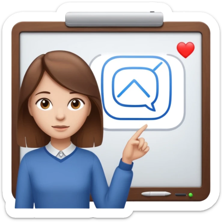 Make an emoji of a girl (no glasses) with brown hair who is teaching how to use iMessage on a board sticker