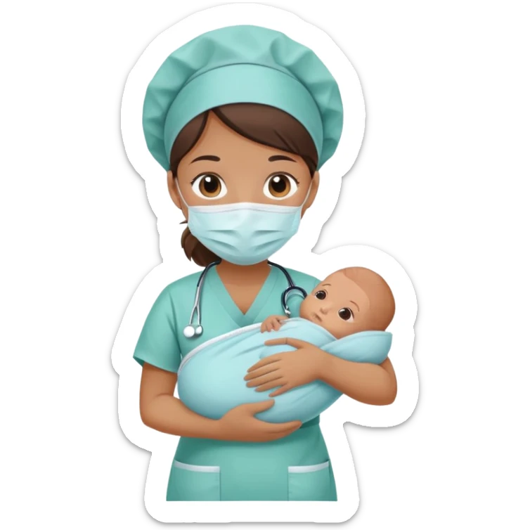 neonatal nurse with tan skin, holding a swaddled baby, hospital background sticker