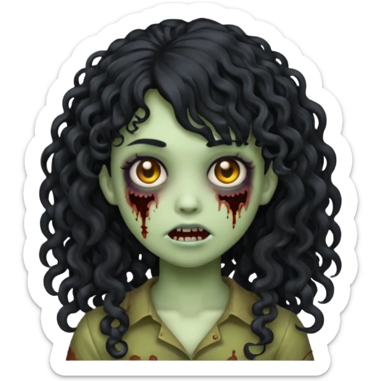 Emoji garota zombie com cabelo preto cacheado longo com franja cacheada sem volume sticker