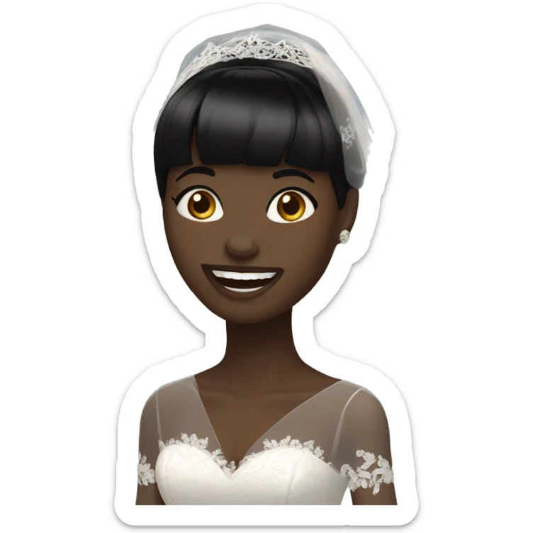 bride with very pale skin dark brown straight very short hair black lace dress and bangs laughing with veil sticker