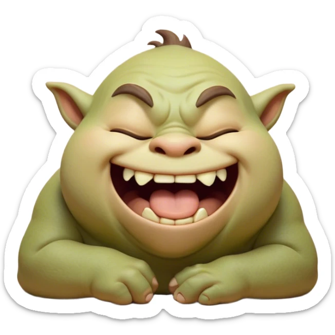 Cinematic Cute Yawning Ogre Portrait Emoji, with a surprisingly cuddly, rotund figure in soft earthy greens and browns, head tilted back in a big, gentle yawn exposing a set of comically oversized teeth, simplified yet irresistibly adorable, highly detailed with a soft glowing outline that captures the sleepy charm of a friendly ogre after a long day of gentle mischief! sticker