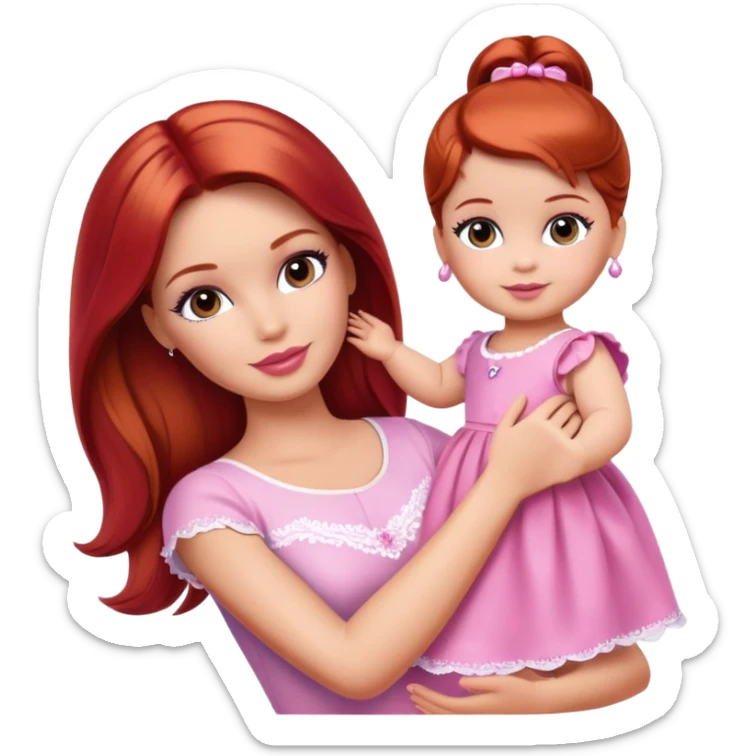 Barbie girl with makeup with brown hair with baby daughter girl with red hair by the hand sticker