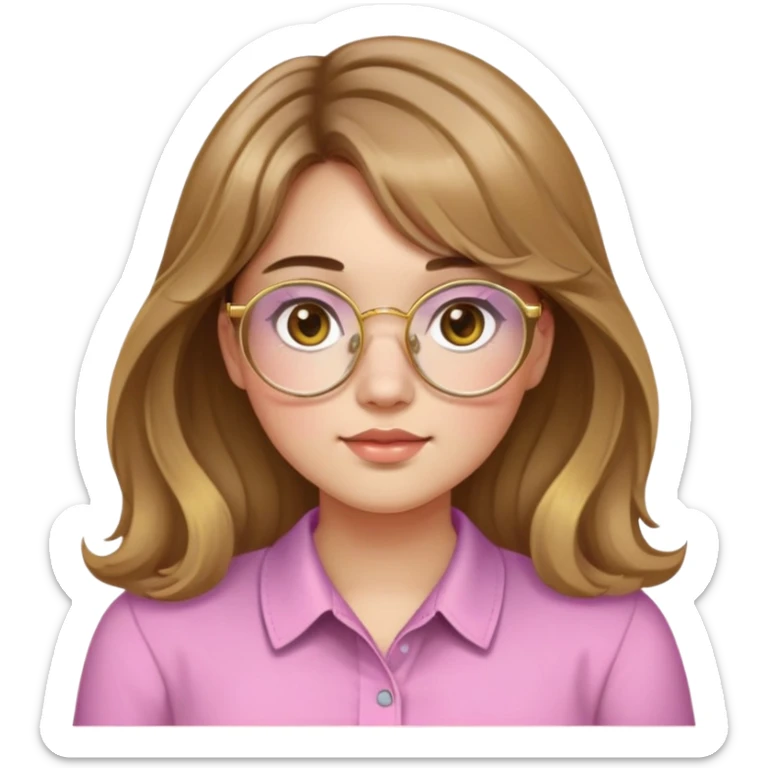 young adult woman with light skin, round face, prominent cheeks, medium plump body, long light brown hair with golden highlights, voluminous and wavy, long bangs over eyebrows, large octagonal glasses with thin golden or light pink frame, casual dark shirt sticker
