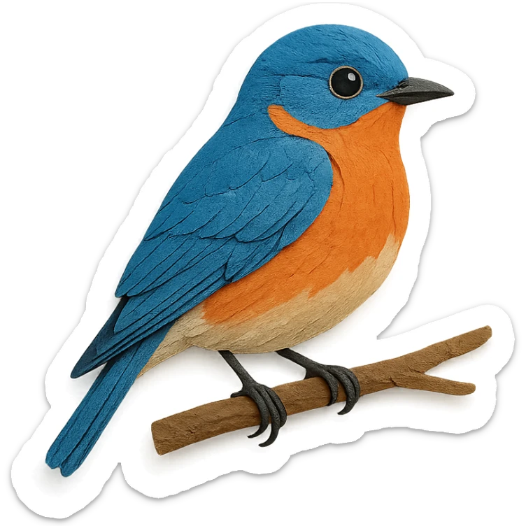 Eastern Bluebird on a branch, layered paper details, vivid blue and orange plumage, expressive eye, naturalistic pose sticker
