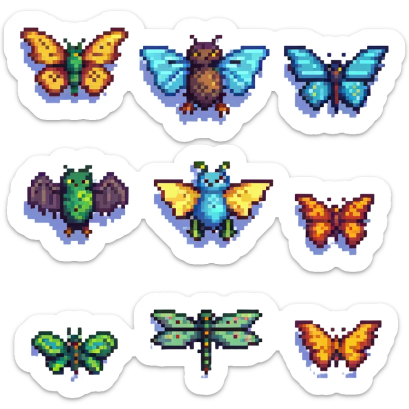 a lineup of winged animals including a bird, bat, butterfly, and dragonfly in pixel art style sticker
