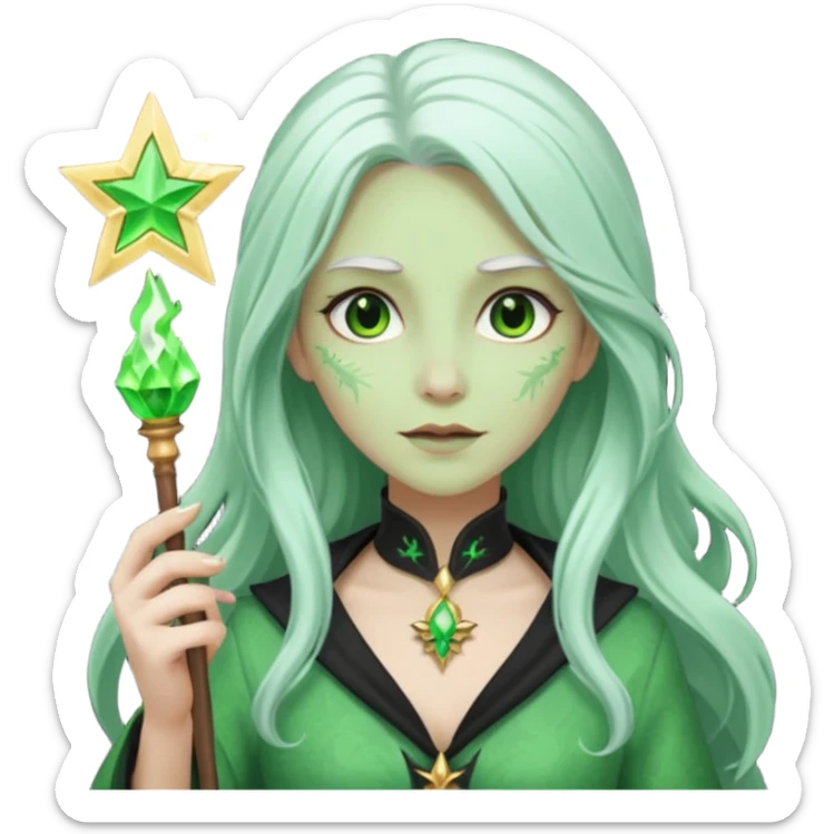 Woman with green skin color with white color long hair and carrying a magic wand sticker