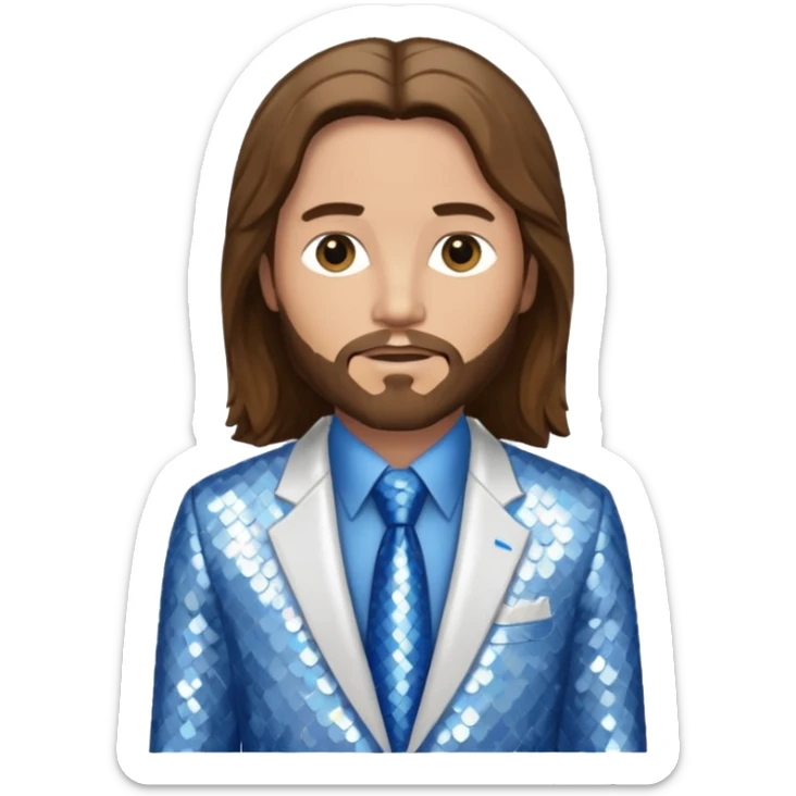 Jesus Christ from Christian Mythology with long brown hair, white sequin suit jacket and tie, blue shirt sticker