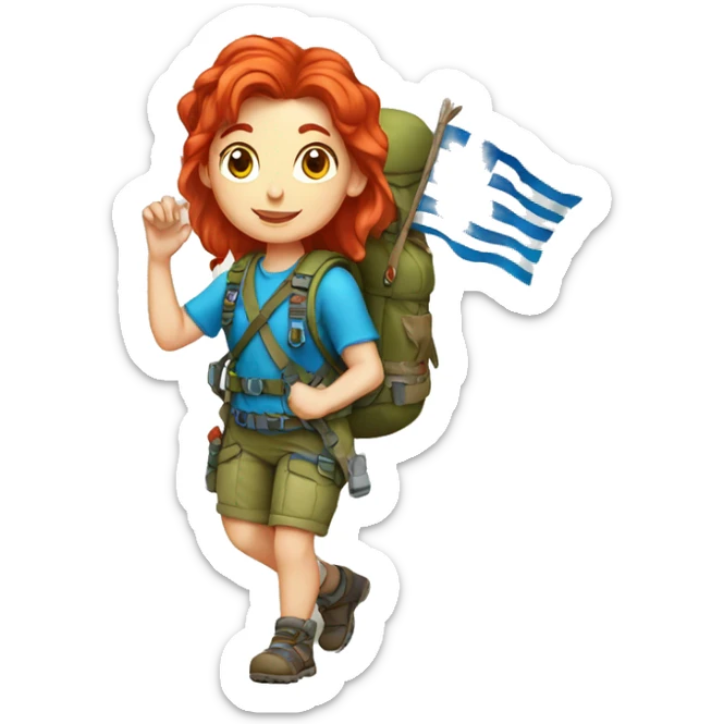 Female mountain climber red hair climbing with Greek flag on backpack and holding Easter eggs basket sticker