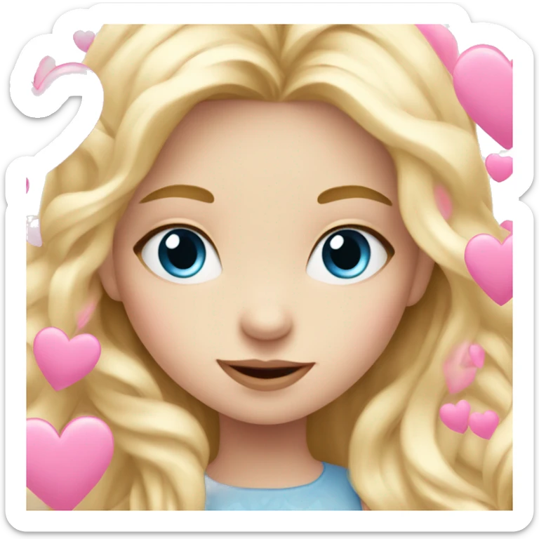 white little girl blue eyes very long blond hair surrounded by pink hearts  sticker