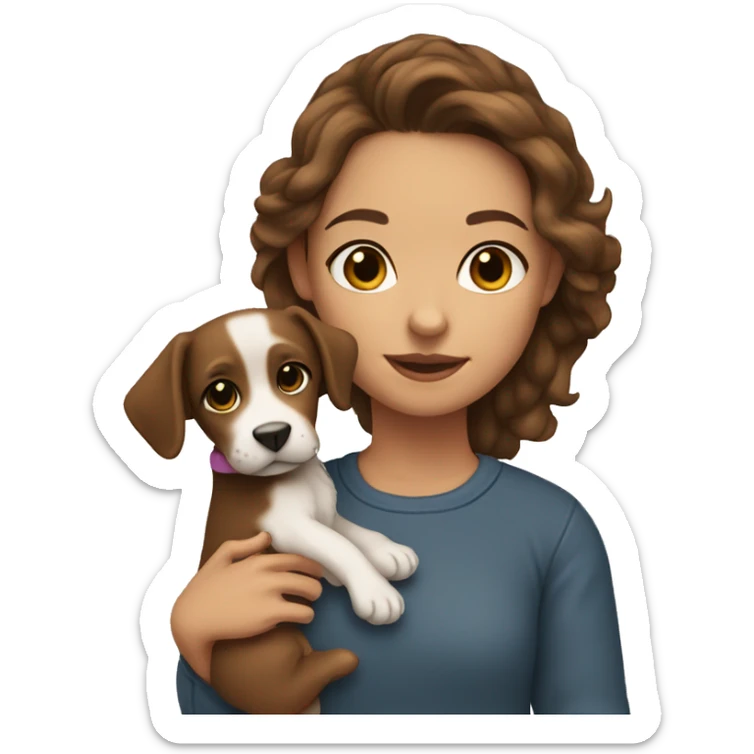 brown haired girl wearing a campbell crewneck holding a puppy sticker