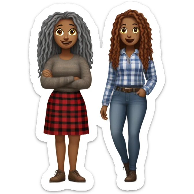 1st Curvy woman gray locs wearing pants  2nd curvy woman is brown with red locs in a skirt with a plaid sweater shopping sticker