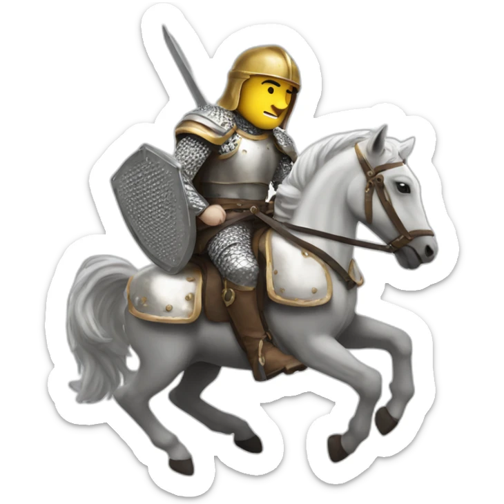 white hero on a horse in the hands of a Bulova on his head a helmet in chain mail behind war sticker