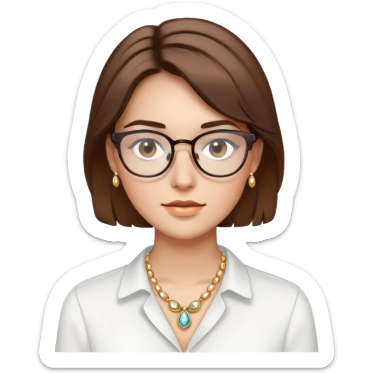 Brown hair, clear glasses, Brown eyes, Clear makeup, White shirt, Golden jewellery. sticker