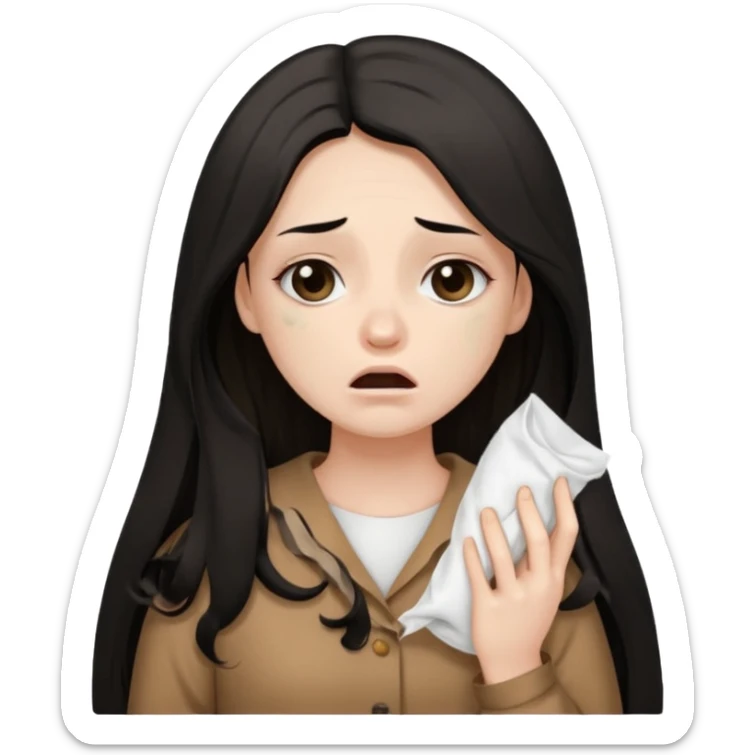 a pretty bratz fair girl wearing a brown pajamas, dark circles, crying, holding tissues. black hair sticker