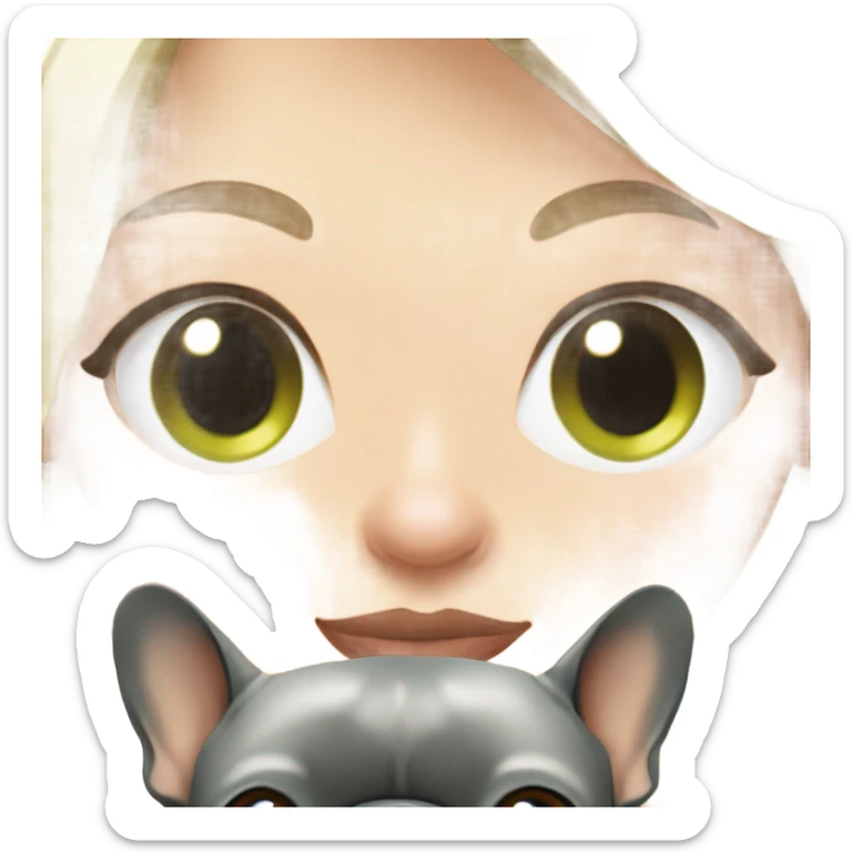 Medium length blonde hair fair skin green eyed woman with blue gray French bulldog  sticker