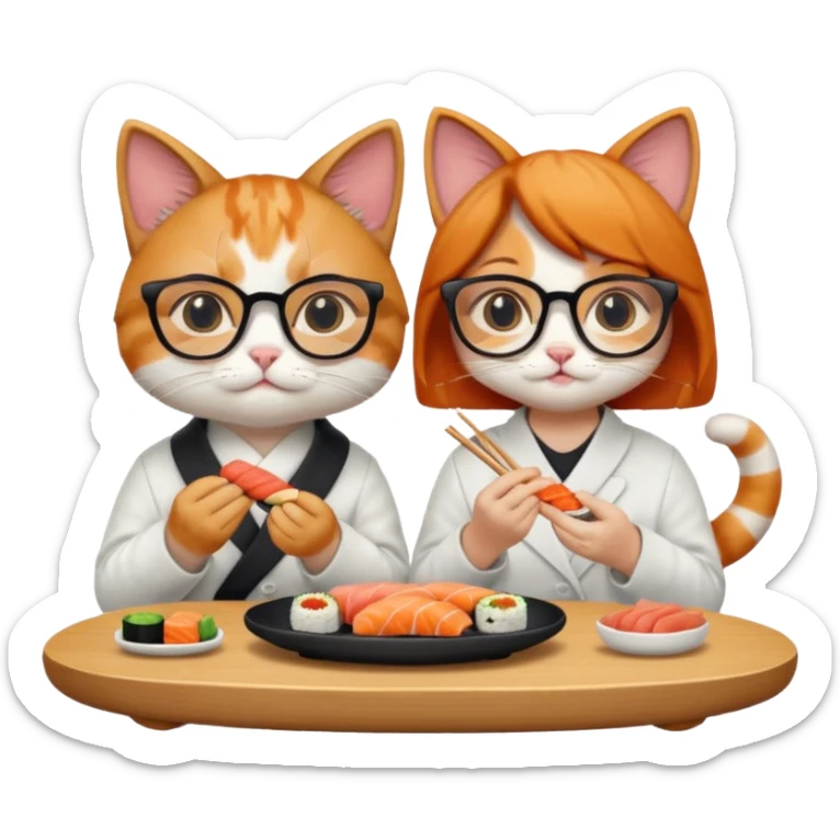 cute girl cat wearing glasses and a cute boy cat eating sushi together sticker