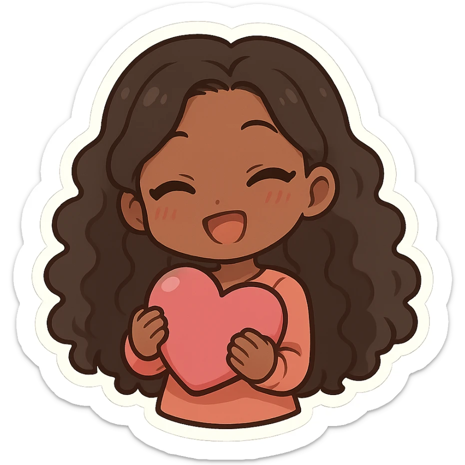 chibi anime black girl with long curly hair, smiling, holding a pink heart, pose 2 sticker