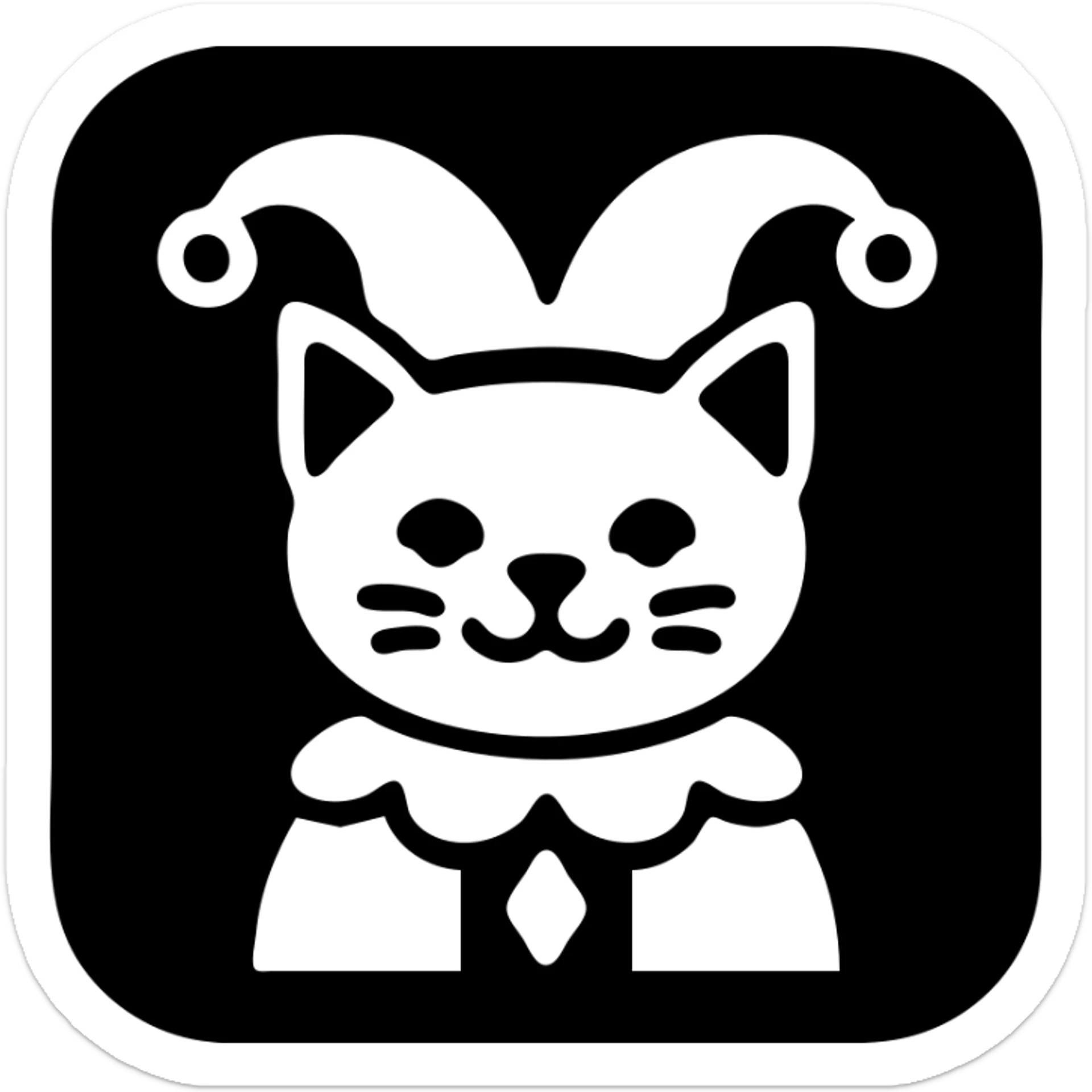 crazy cute little cat jolly joker from poker, medieval, vintage, court jester, mac os icon, purple, gold and red color, head + torso. Squared shape as 3D mac os icon, symmetrical sticker