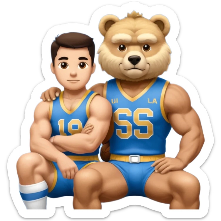 Can you create a emoji of threw Nebraska Cornhusker mascot sitting on top of the UCLA Bruin mascot sticker