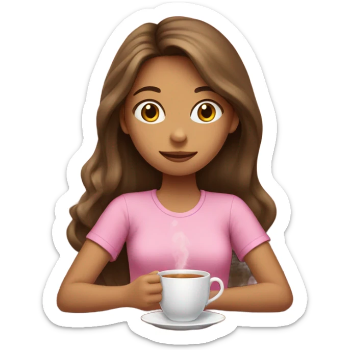 Girl sipping tea with pink shirt and long brown hair sticker