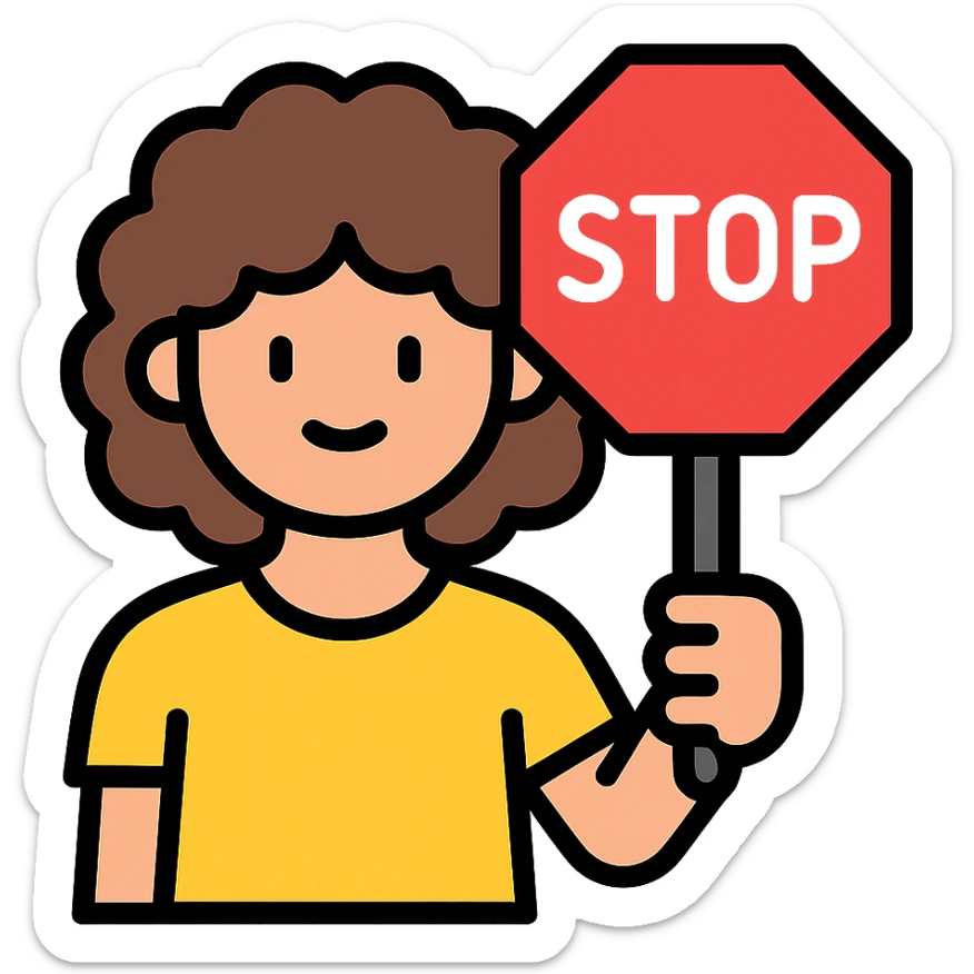 brunette person with curly hair holding a stop sign, color outline icon sticker