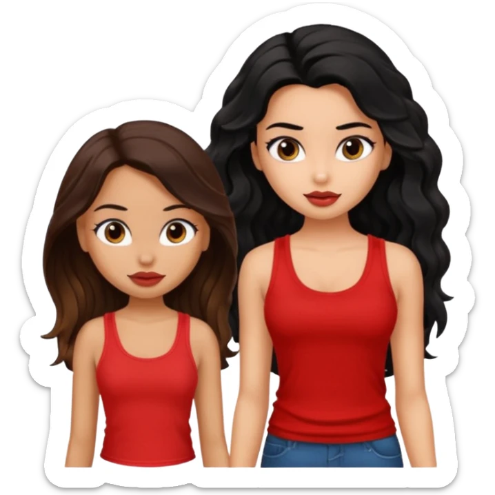 generate a pretty tan bratz girl with brown wavy hair long wearing a red tank top talking to a girl with black hair sticker