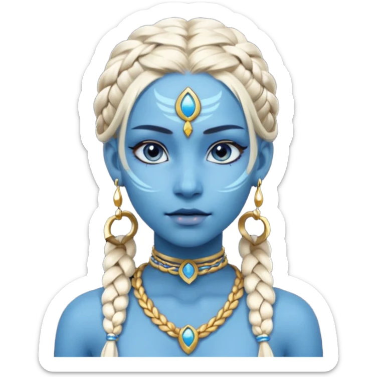 Draw a Na’vi female with glowing blue skin, white forehead markings, braided hair, gold earrings & a calm gaze. sticker